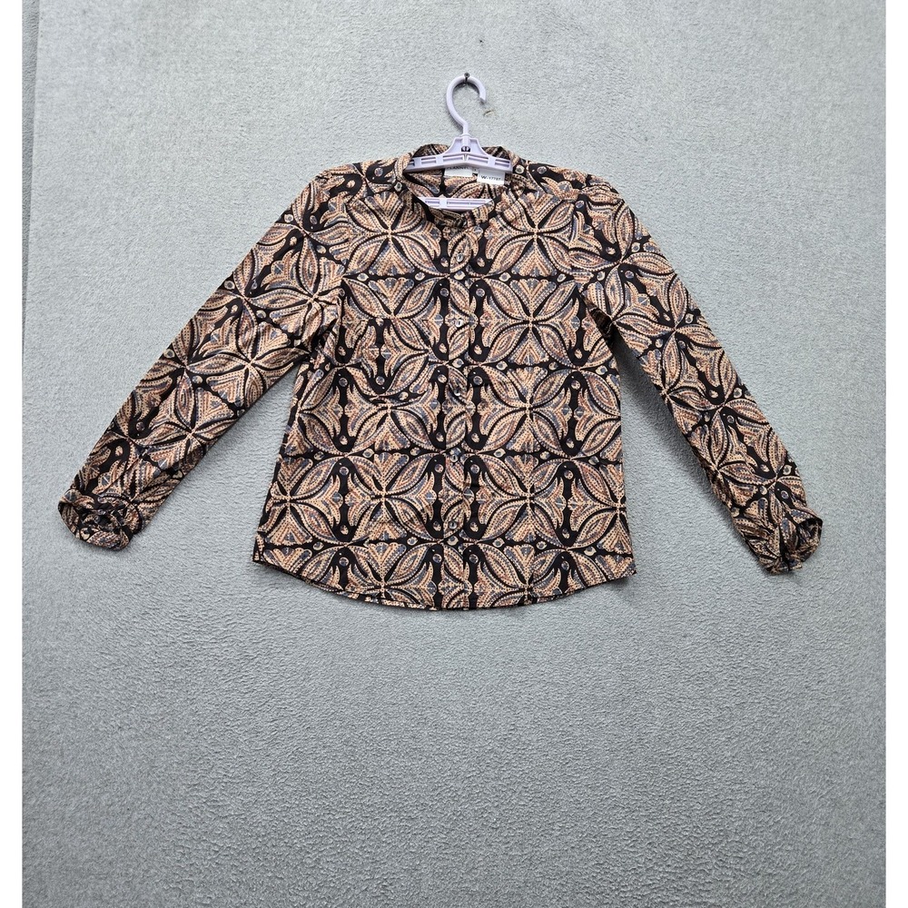Flannel Women Button Up Shirt 1 Brown Floral Long Sleeve Mock Neck Casual